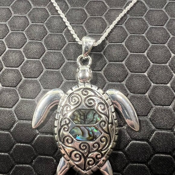 Venice By The Sea Jewelry Jewelry - Turtle Necklace 15 with Green Abalone Stones 18K White Gold Plated